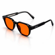 Melato Meridian avondbril schuinboven – zwart geometrisch acetate frame oranje lens blauwlichtfilter slaap