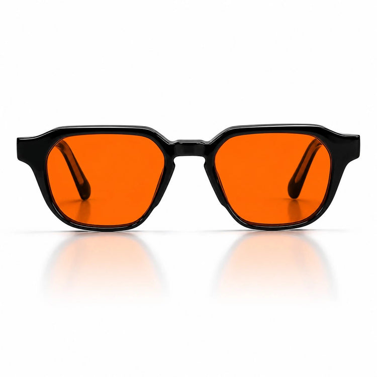 Melato Meridian avondbril voorkant – zwart geometrisch acetate frame oranje lens 100% blauwlichtfilter