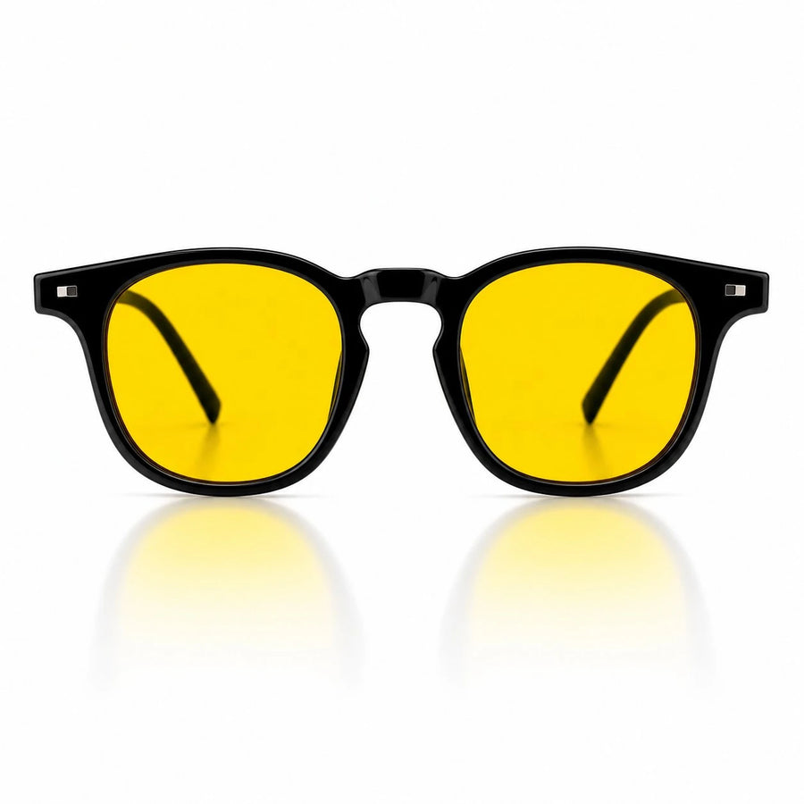 Melato Dusk dagbril voorkant – zwart wayfarer acetate frame gele lens 99% blauwlichtfilter